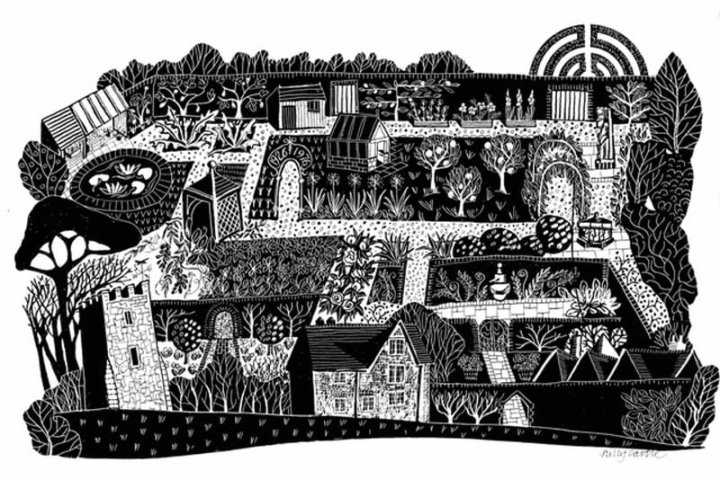 Black and white composite view across a garden